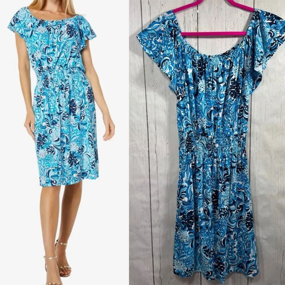 Lilly Pulitzer Blue Tropical Print Smocked Off Shoulder Dress S Resort Vacation